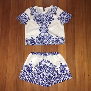 two piece set, white and blue, crop top and shorts